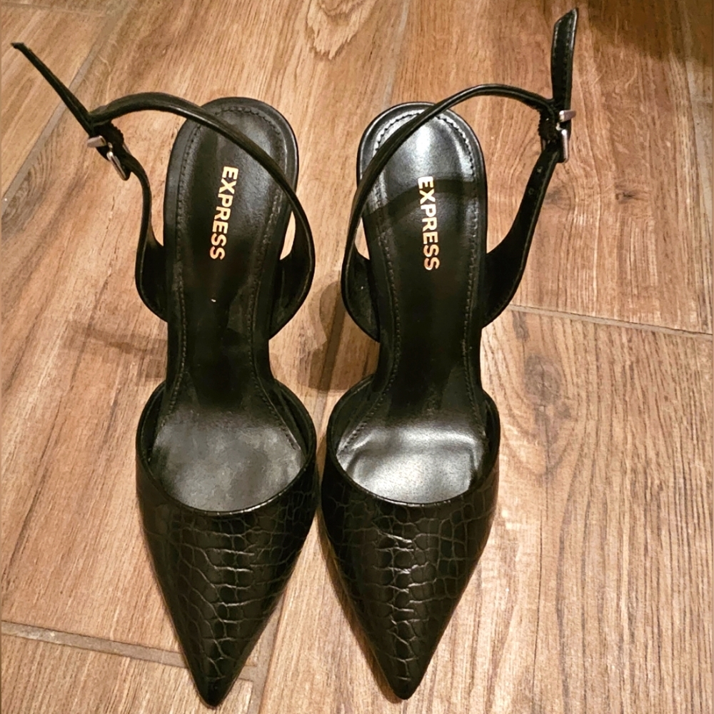 Express Black Crocodile Stilettos with Strappy Back